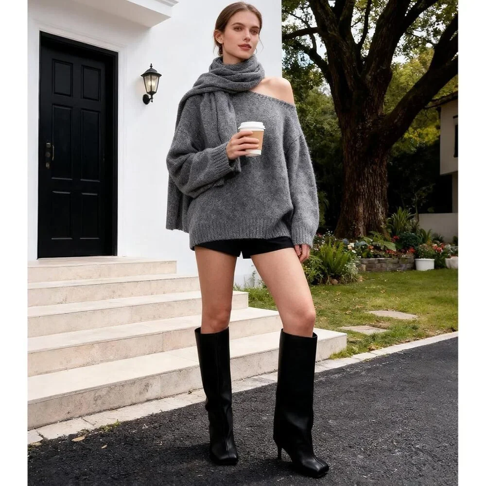Women's Black Pu Wide Calf Square Toe Stiletto Heels Knee High Suede Boots